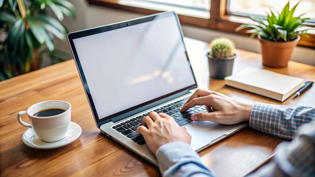persona que trabaja en una computadora portatil en un escritorio